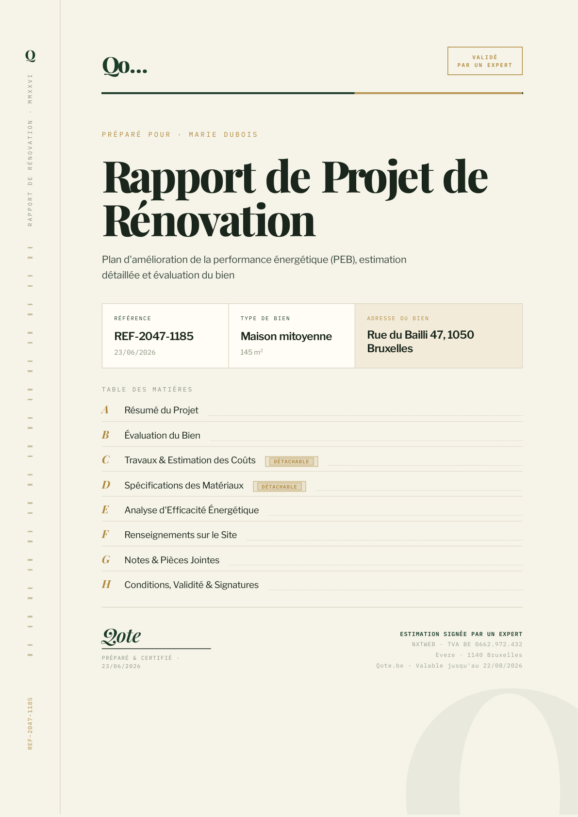 Rapport de rénovation Qote — page de couverture